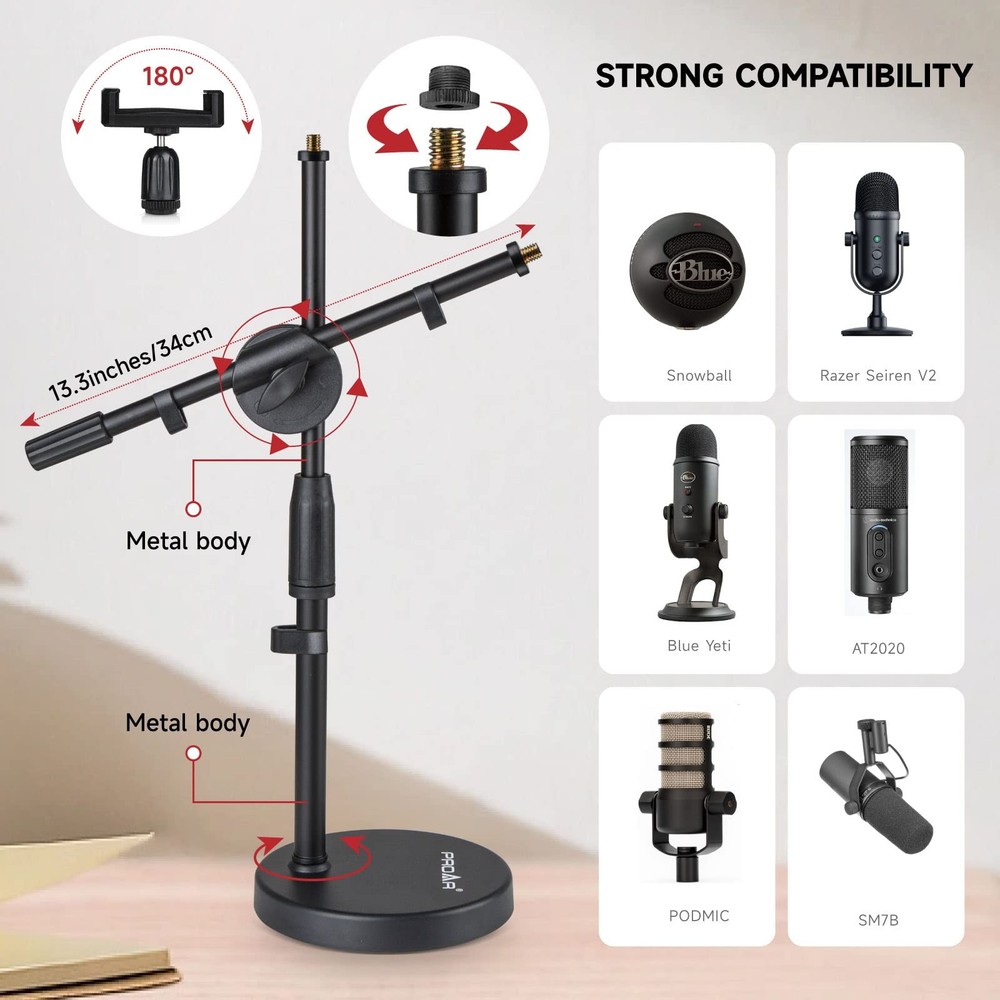 Microphone Stand Desk Adjustable Desktop Microphone Stand with Boom Arm Upgra...