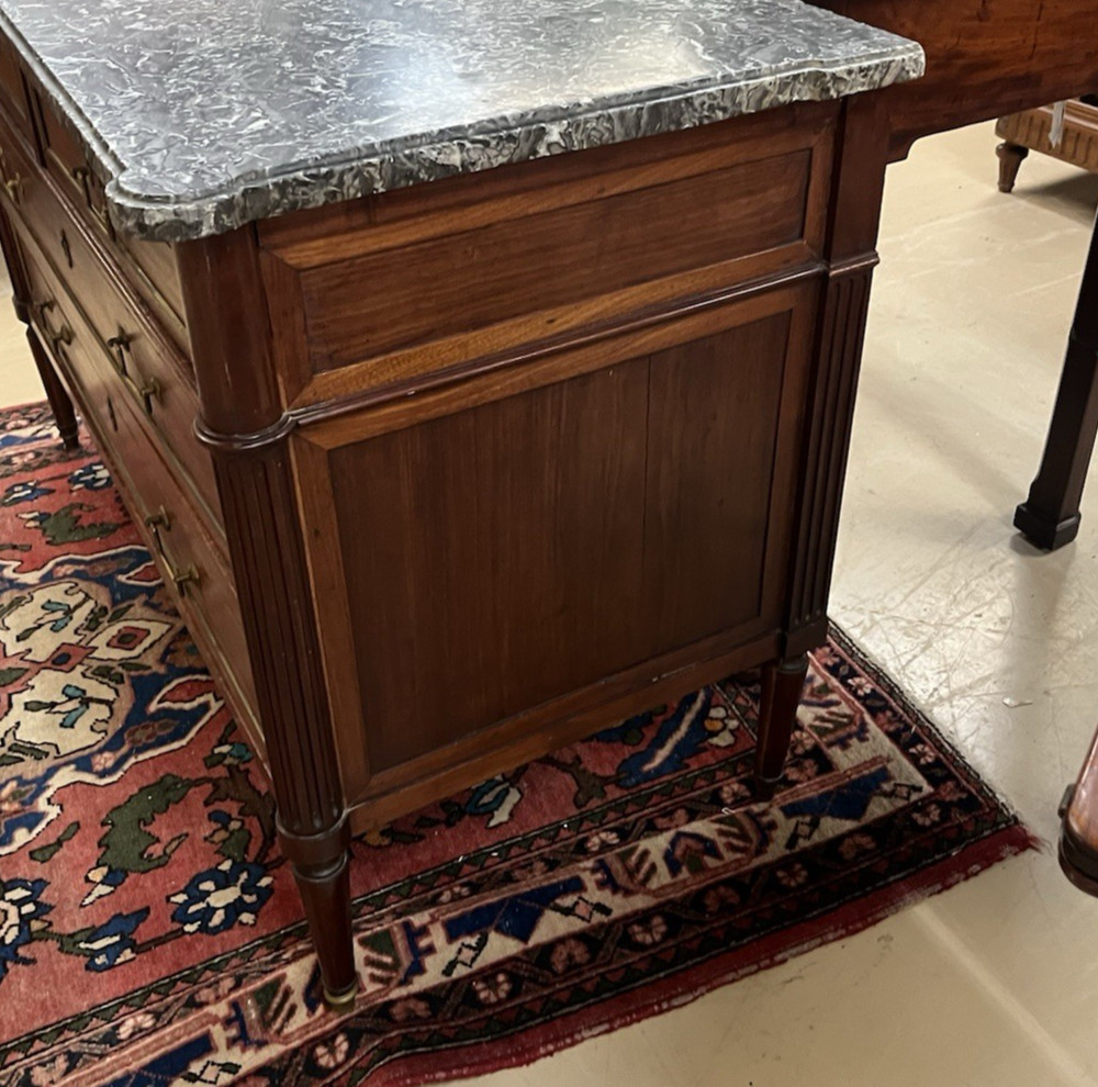 Antique French Mahogany Louis XVI Grey Marble Top Chest of Drawers 34"H x 50"L