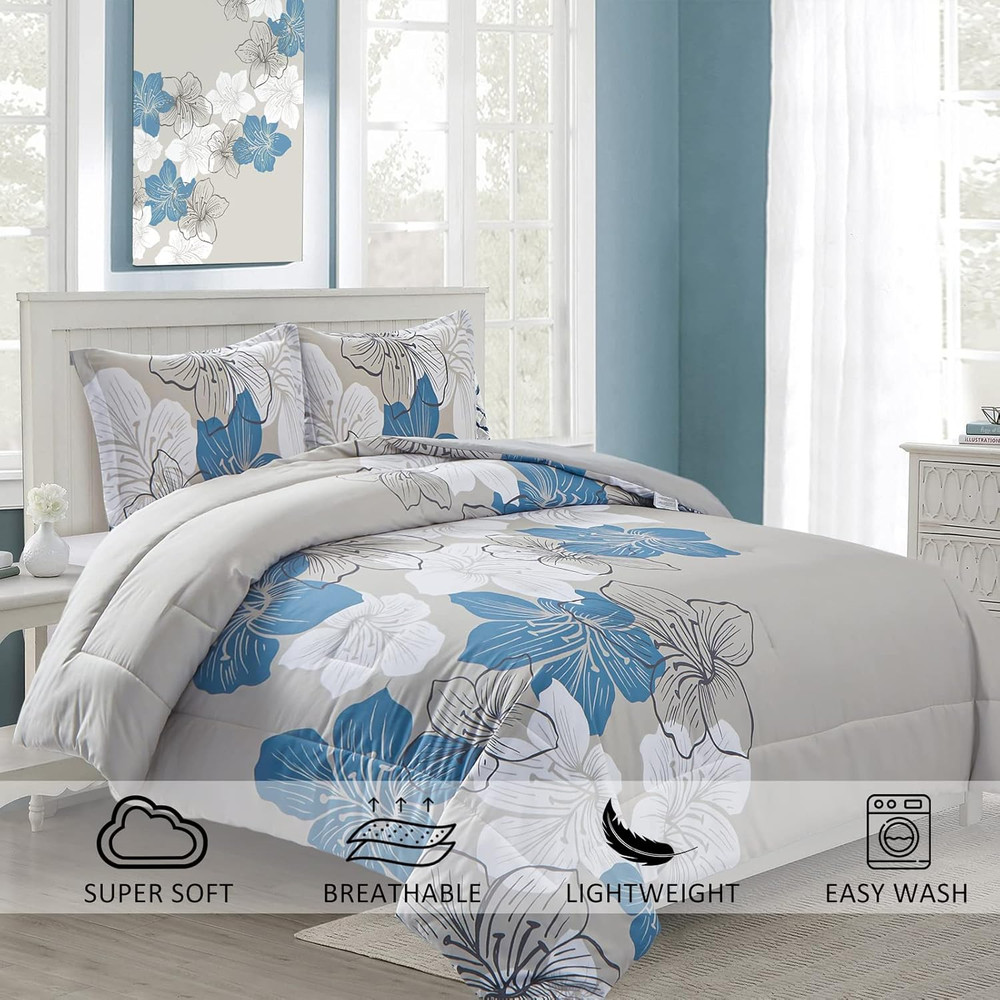 Floral Comforter Set King Blue Flower Pattern Printed on Grey, Soft Microfiber B