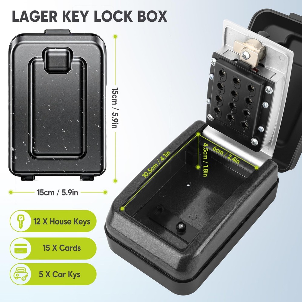 Sturdy Waterproof Key Lock Box for Outside, Large Capacity Wall Mount Lock Bo...