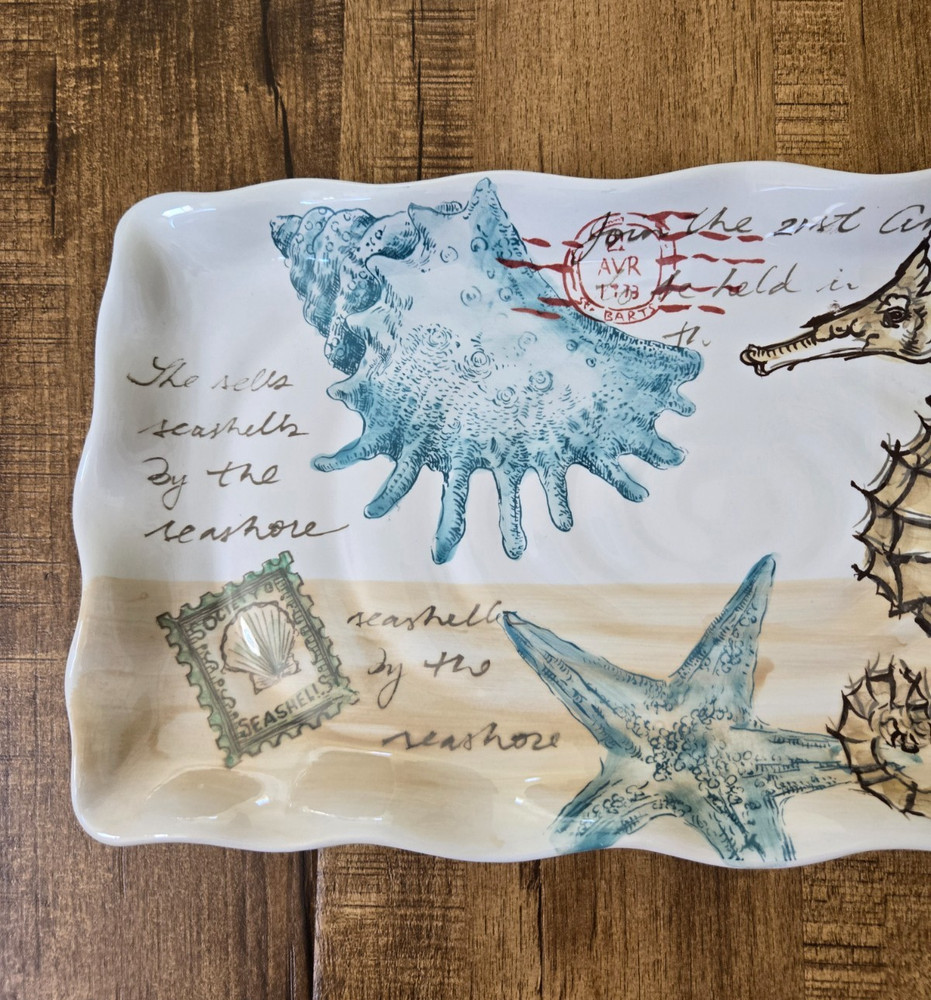 Maxcera STAMP SEAHORSE 17 1/2" Rectangular Ceramic Serving Tray