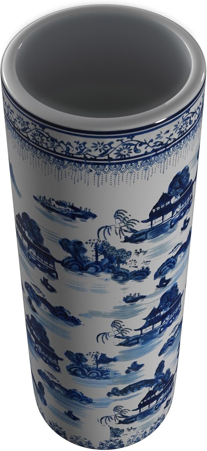 Floral Blue & Gray Porcelain Umbrella Cane Stand Holder Floor Vase Plant Vine