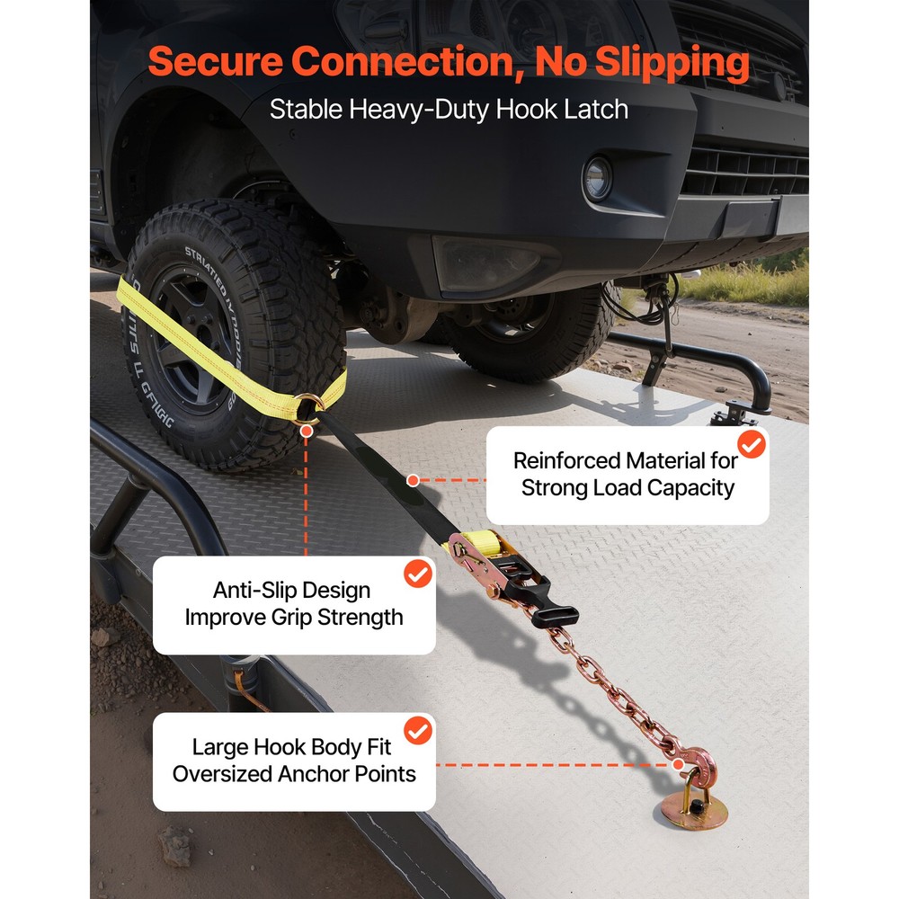 4 Set Wheel Chock Tie-Down Kit Flatbed Ratchet Tie Down Strap w/Durable Hooks