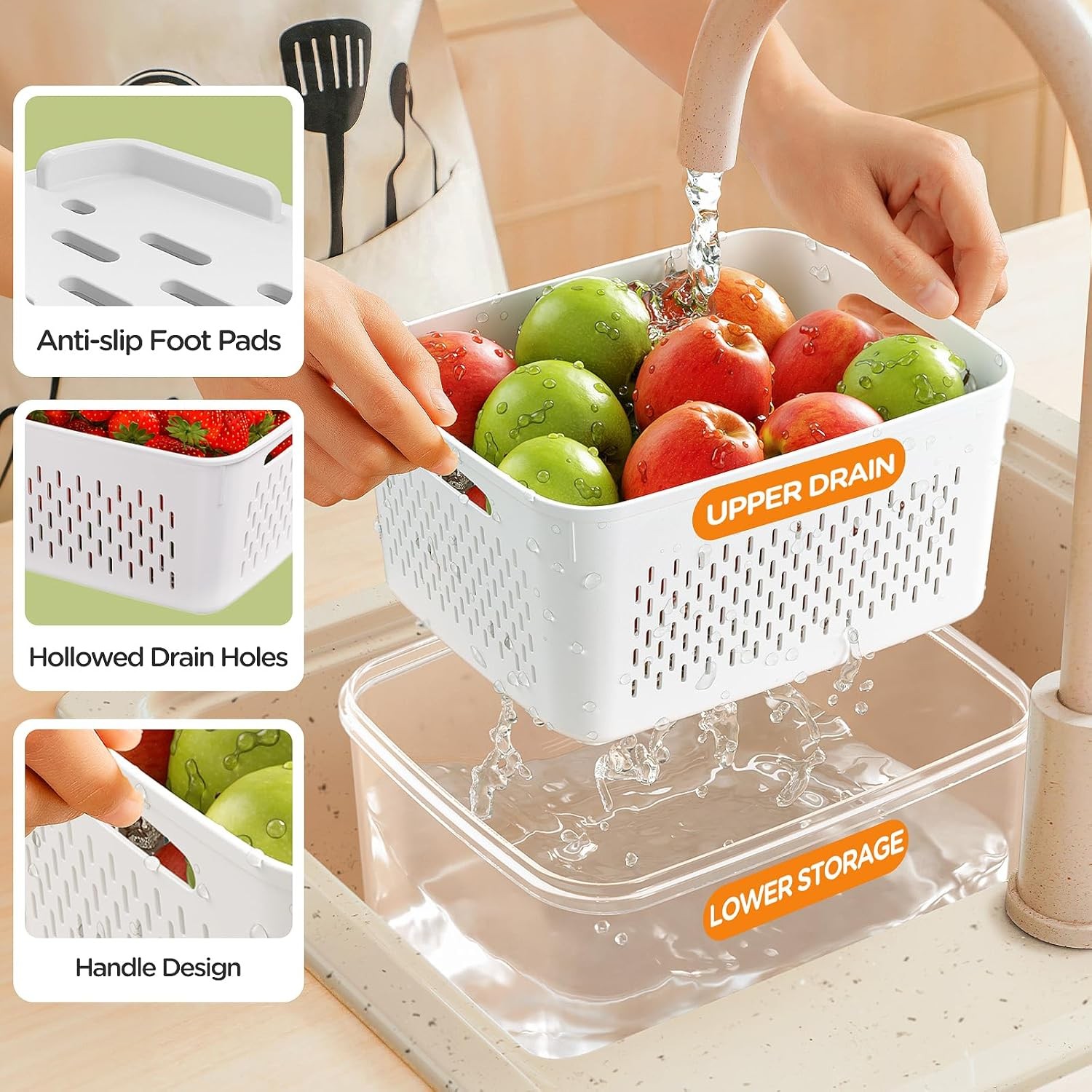 5-Piece Set, 4-in-1 Lidded Fruit & Vegetable Storage Containers, Leak-Proof