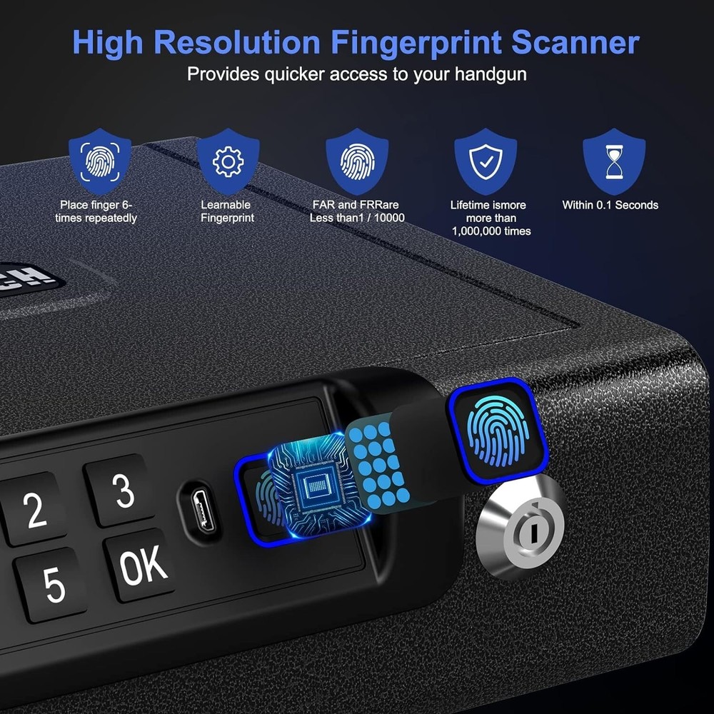Enhanced Security Biometric Pistol Safe – Key & PIN Unlock with USB Charging