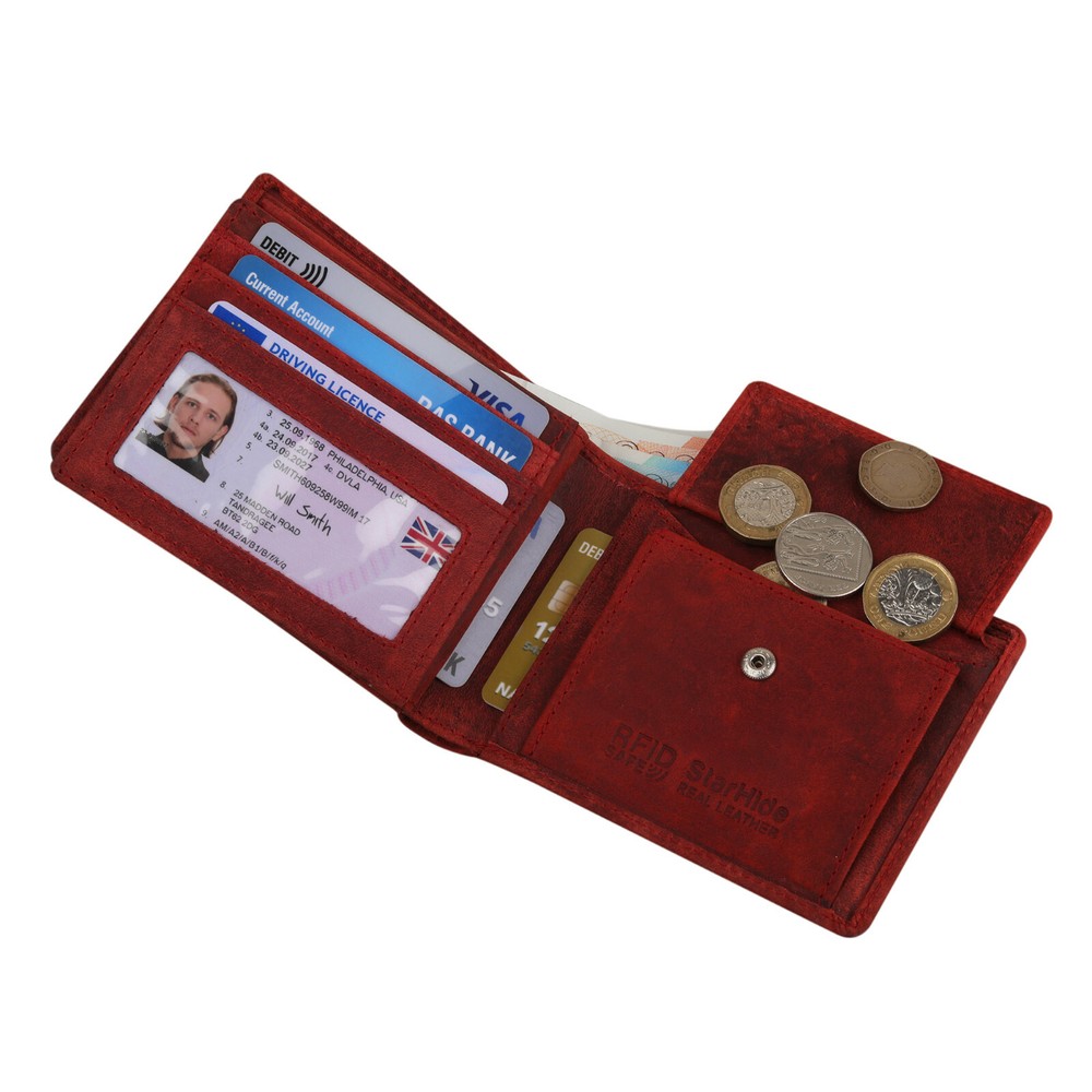 STARHIDE Genuine Distressed Hunter Leather RFID Blocking Coin Pocket Wallet
