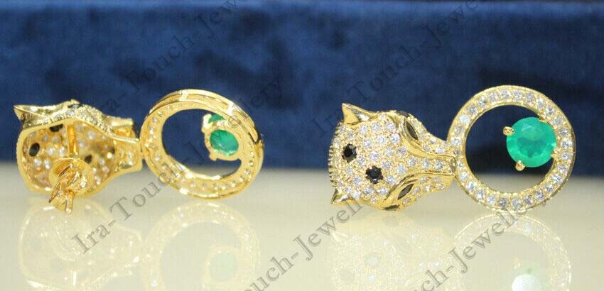 3ct Green Emerald Lab Created 14k Solid Gold Plated Panther Dangle Earrings