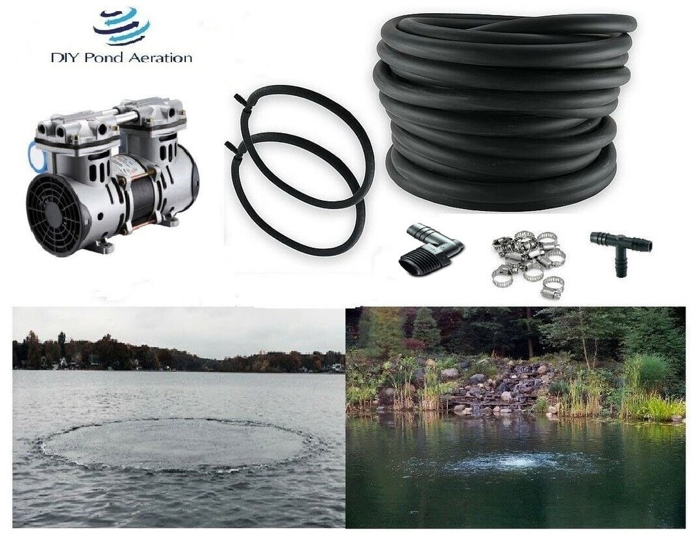 Lake Fish Pond Aerator System w/200' WTD Hose 2 - 48" RING Diffusers 3.9cfm PUMP