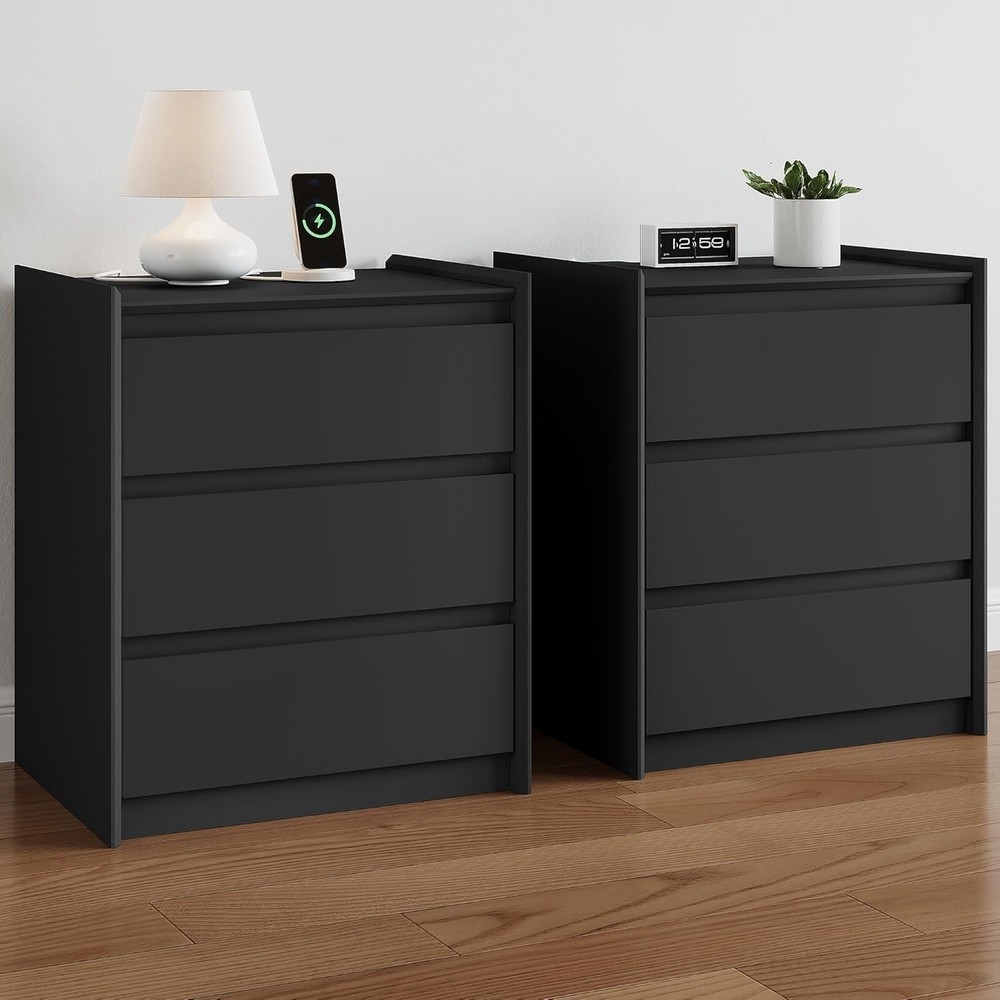 3 Drawer Nightstand with Charging Station, Modern Bedside Table with Charging