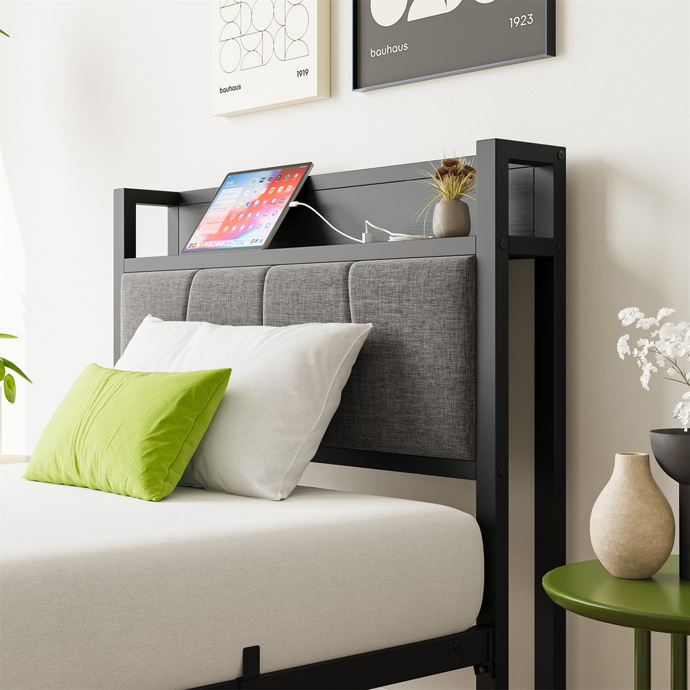Twin/Full Size Bed Frame Metal Platform Bed Frame with Storage Headboard Black