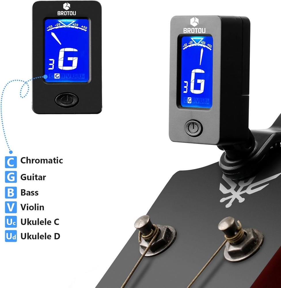 Guitar Tuner Clip-On with LCD Display & Capo for All String Instruments