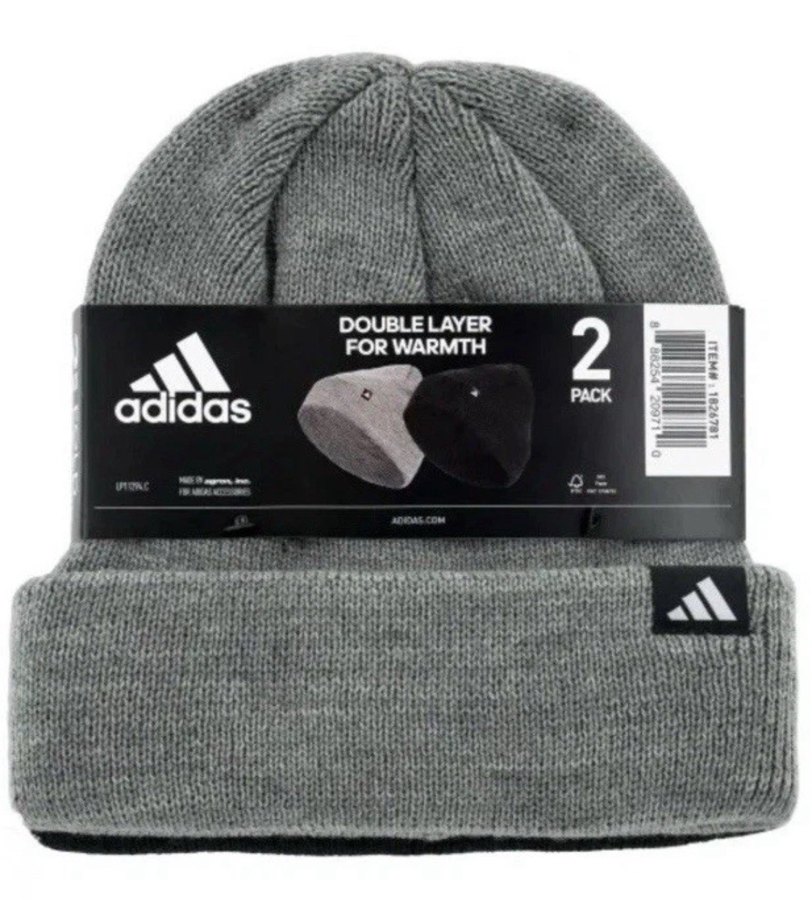 Adidas Unisex Fold Beanie Hat 2-pack Double Layer for Warmth Black And Gray