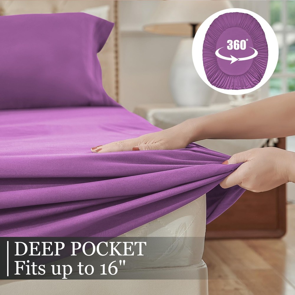 Queen Sheet Set Cooling Sheets Deep Pocket Queen Size Bed Sheets Set, Purple ...