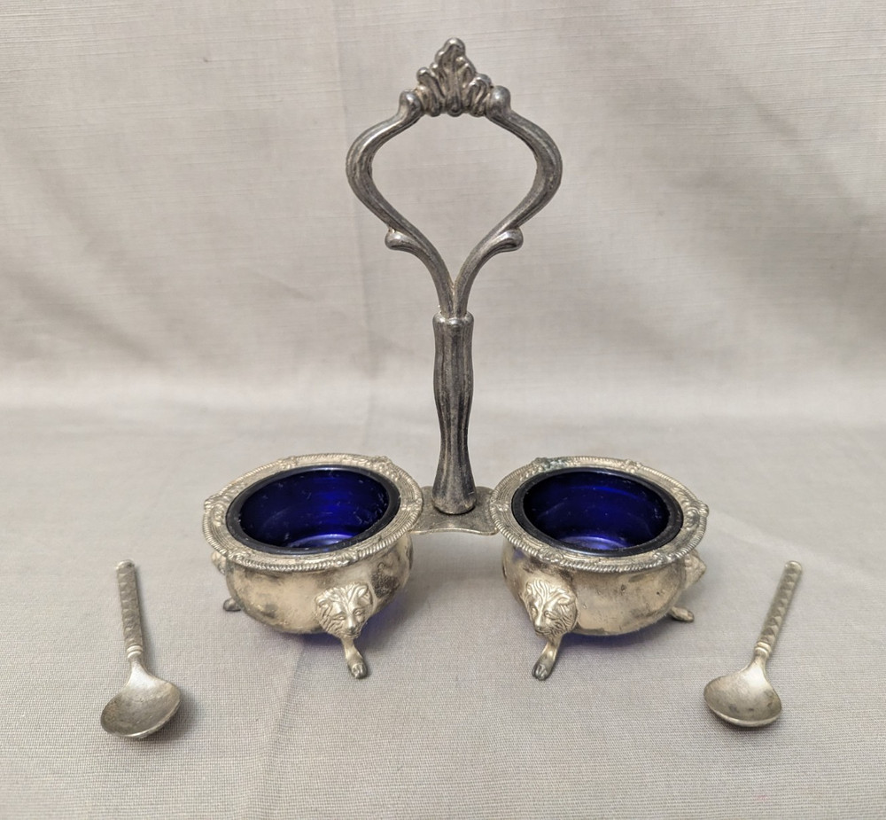 Vtg Silver plate Salt & Pepper Cellar COBALT BLUE GLASS Footed LION HEADS (S1)