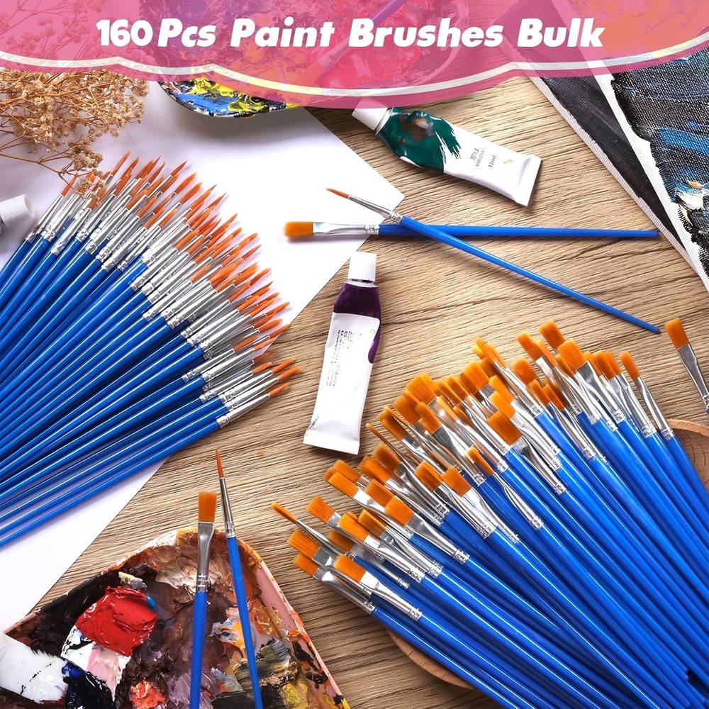 Small Paint Brushes Bulk, 160 Pcs Flat Tip Round Acrylic Paint Brushes for Ki...