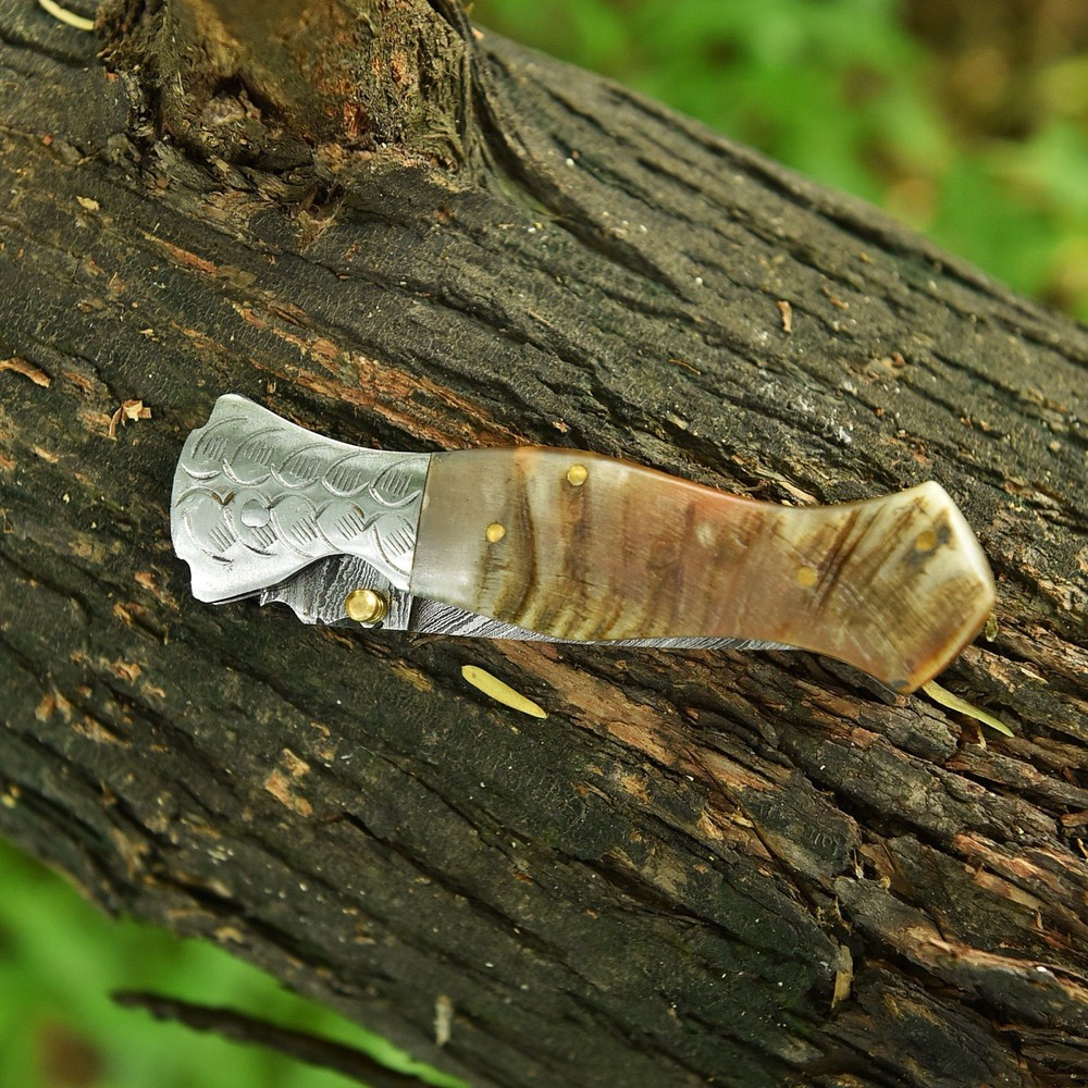 Damascus Folding Dagger Blade Pocket Knife Tactical-Double Edge