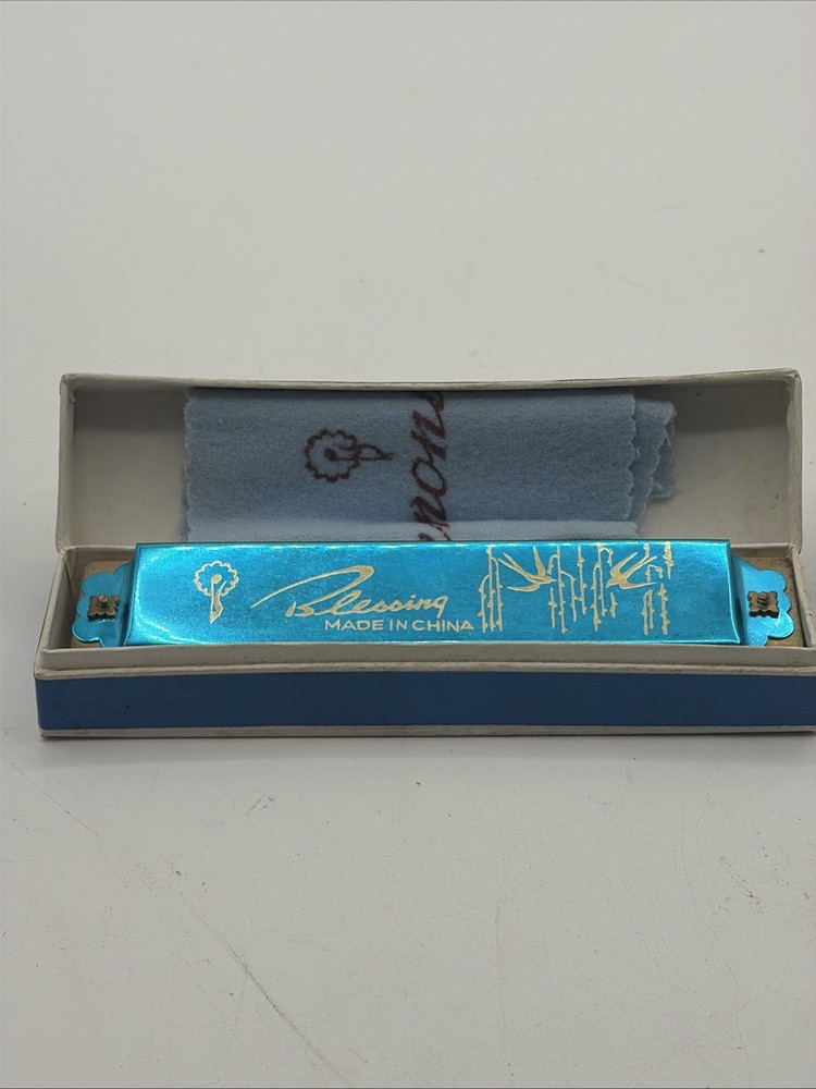 Vintage Harmonica BLESSING BIRDS ETCHED UNIQUE Blue