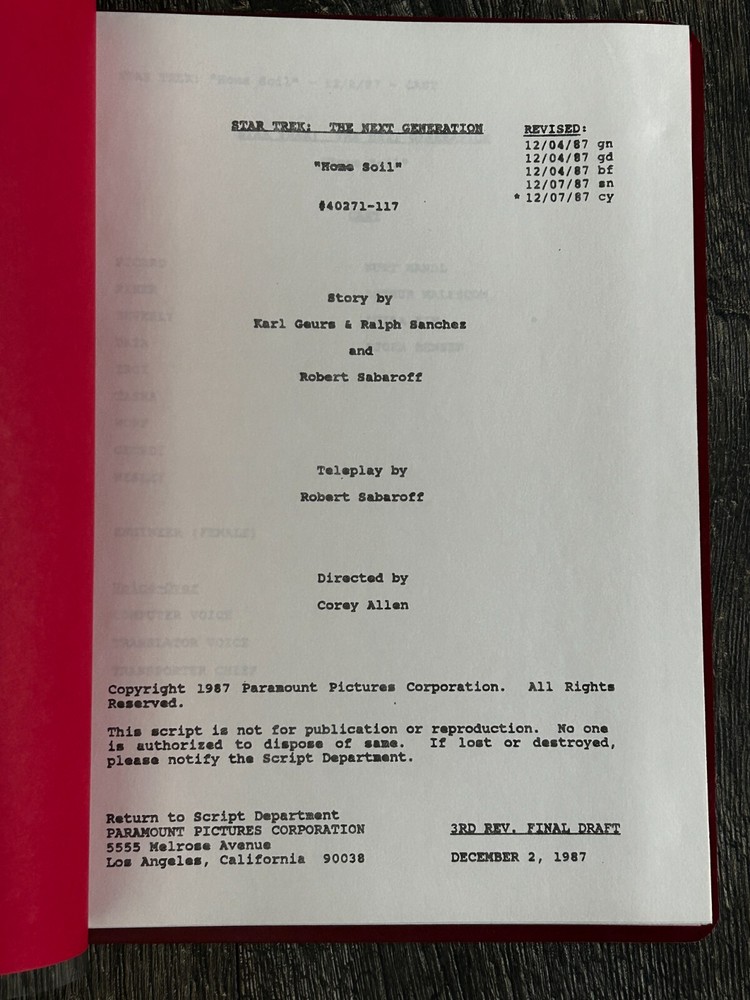 STAR TREK Script The Next Generation Home Soil 3rd Revised Final Draft Dec 1987