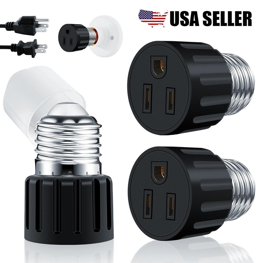 2Pcs E26/E27 2/3 Prong Light Socket to Plug Adapter Polarized Screw in Outlet US