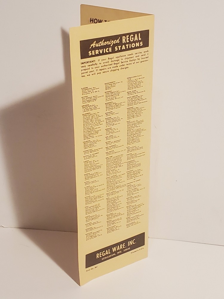 VINTAGE REGAL WARE AUTOMATIC COFFEE PERCOLATOR URN PAMPHLET INSTRUCTIONS SERVICE