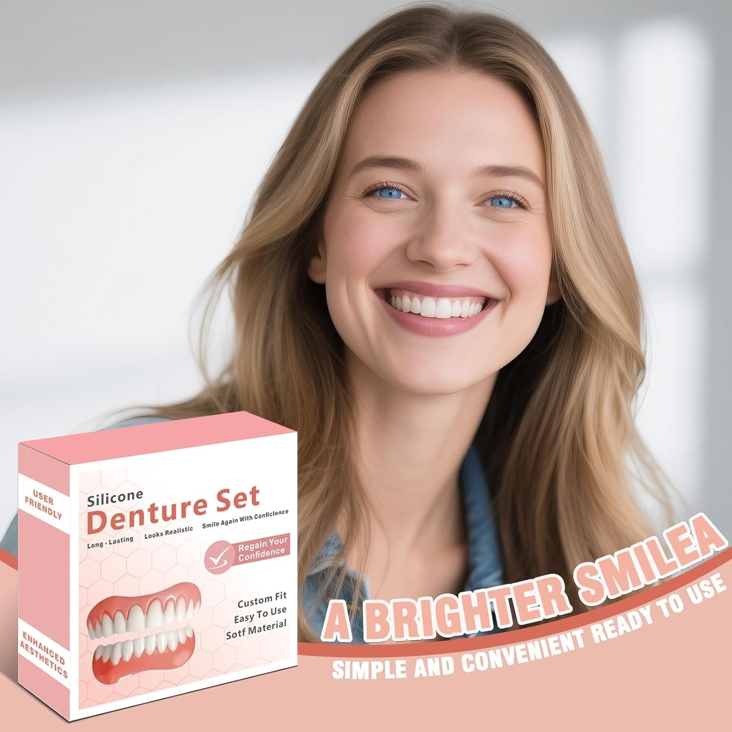 Silicone Dentures for Men & Women, Upper & Lower False Teeth, Natural Shade Smil