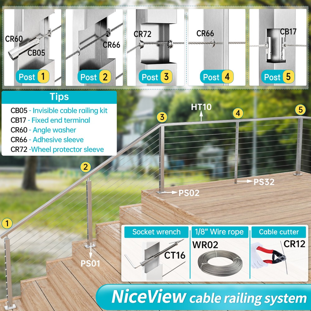 Muzata Level drilled Cable Railing Post Fixed top Level Line Post Top PS02