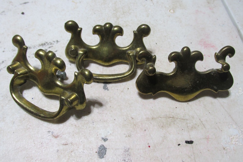 3-antique drawer pulls solid brass fancy 3" wide 2" long single screw