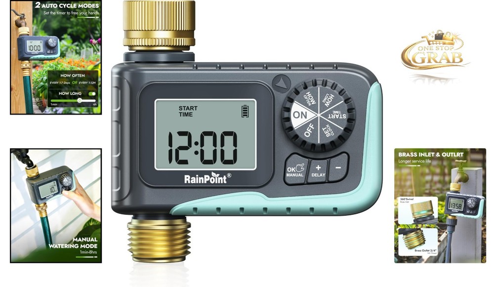 Brass Inlet & Outlet Water Timer for Garden Hose, Programmable Rain Delay