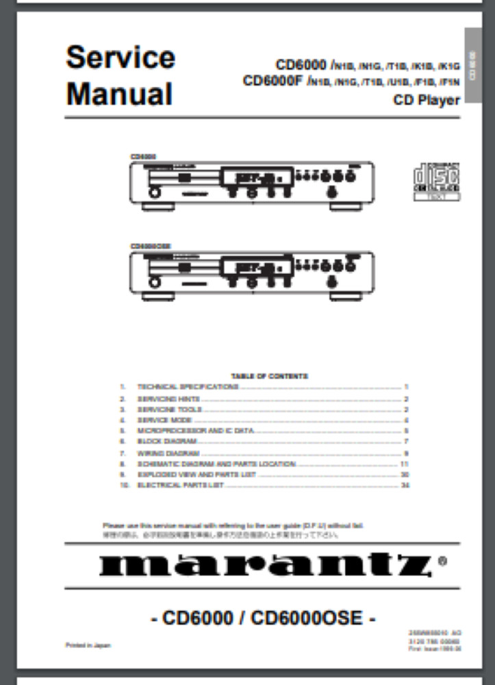 Marantz CD-6000K Player Service Manual 36 Pages