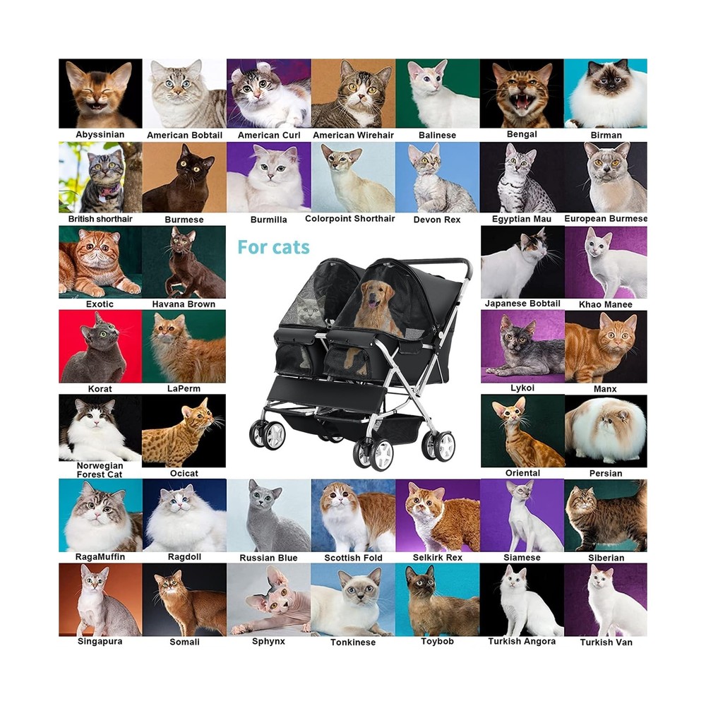 Double Pet Stroller, Foldable Stroller for 2 Dogs & Cats, Two-Seater Carrier ...