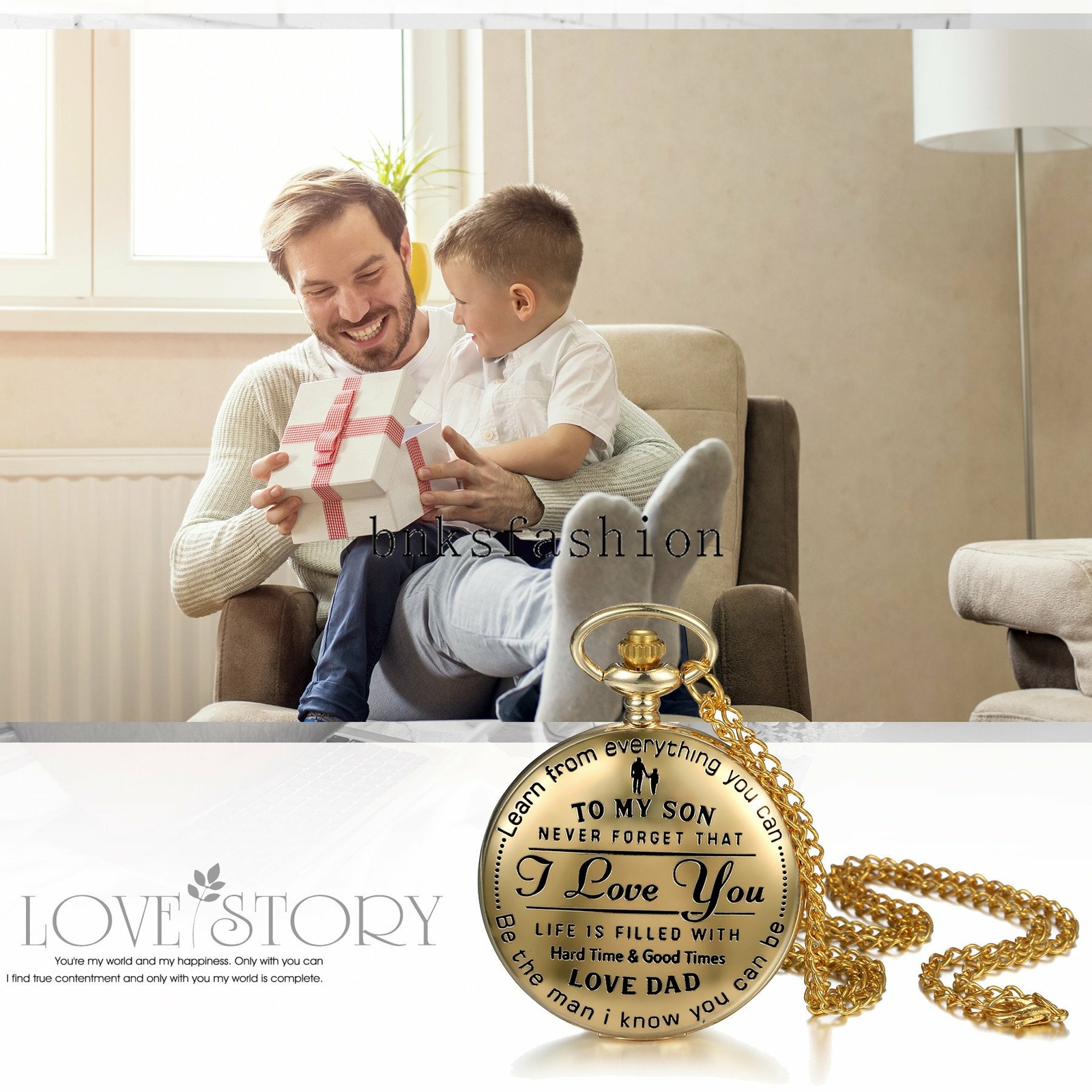 'To My Son I Love You' Quartz Analog Pocket Watch Fob Pendant Chain Gift for Son