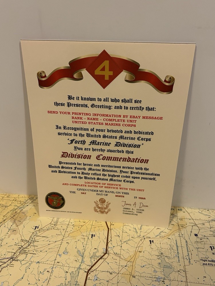 U.S.M.C. / FOURTH MARINE DIVISION ~DIVISION COMMENDATION REPLACEMENT CERTIFICATE
