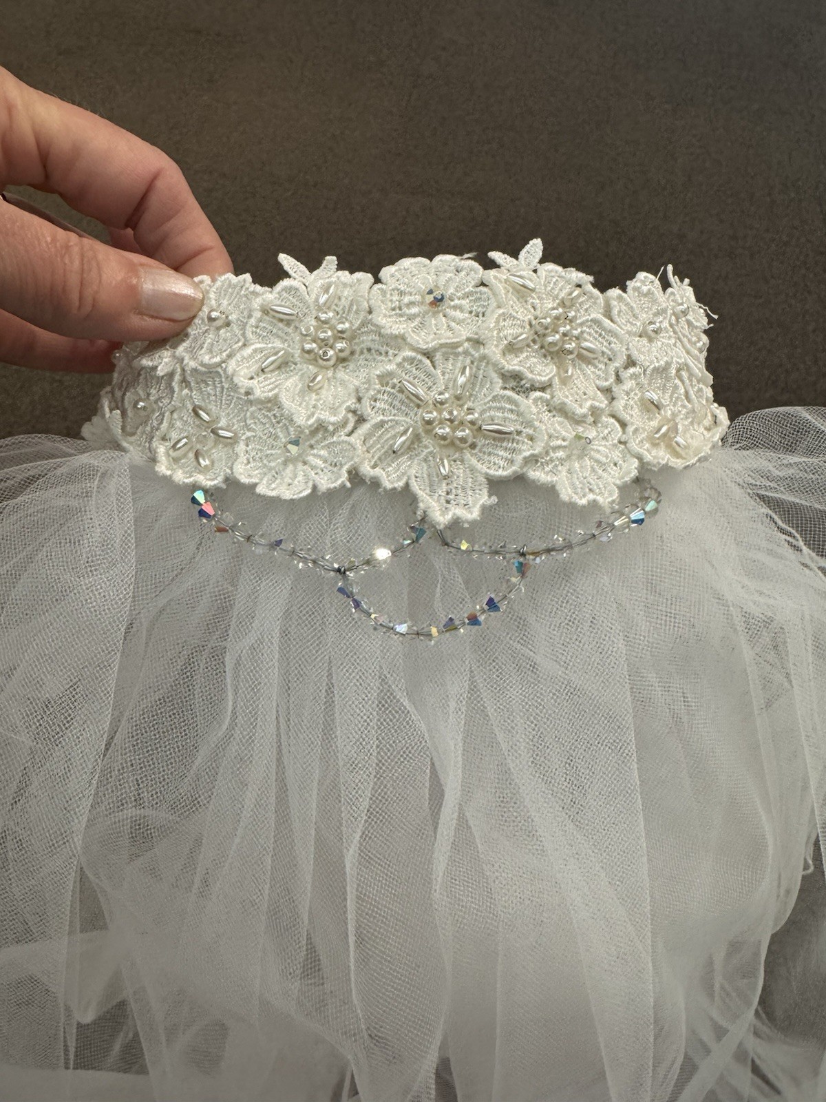 Vintage Bridal Veil And Lace Cap With Beading 1970’s