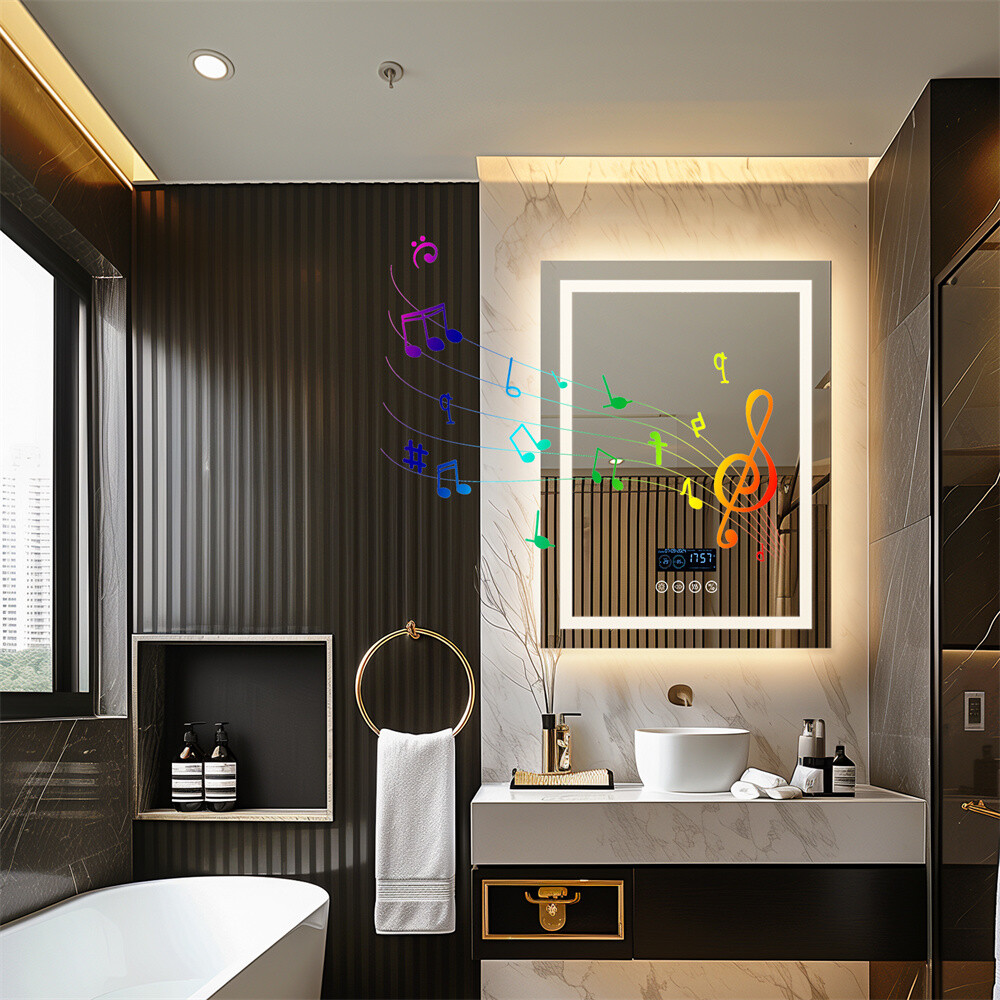 Anti-fog LED Lighted Bathroom Mirror with Bluetooth Speaker Front-lit Backlight