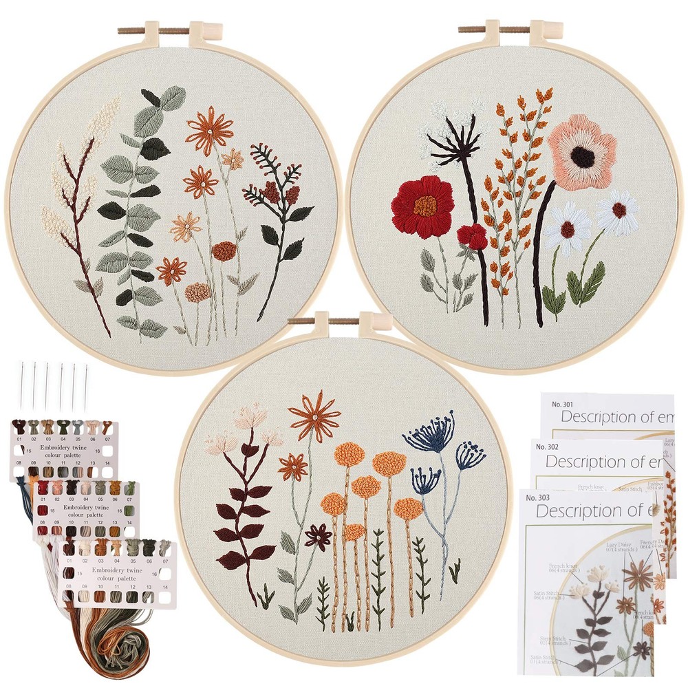 Uphome 3 Pack Embroidery Starter Kit for Beginners 7.9 inches, Multicolor