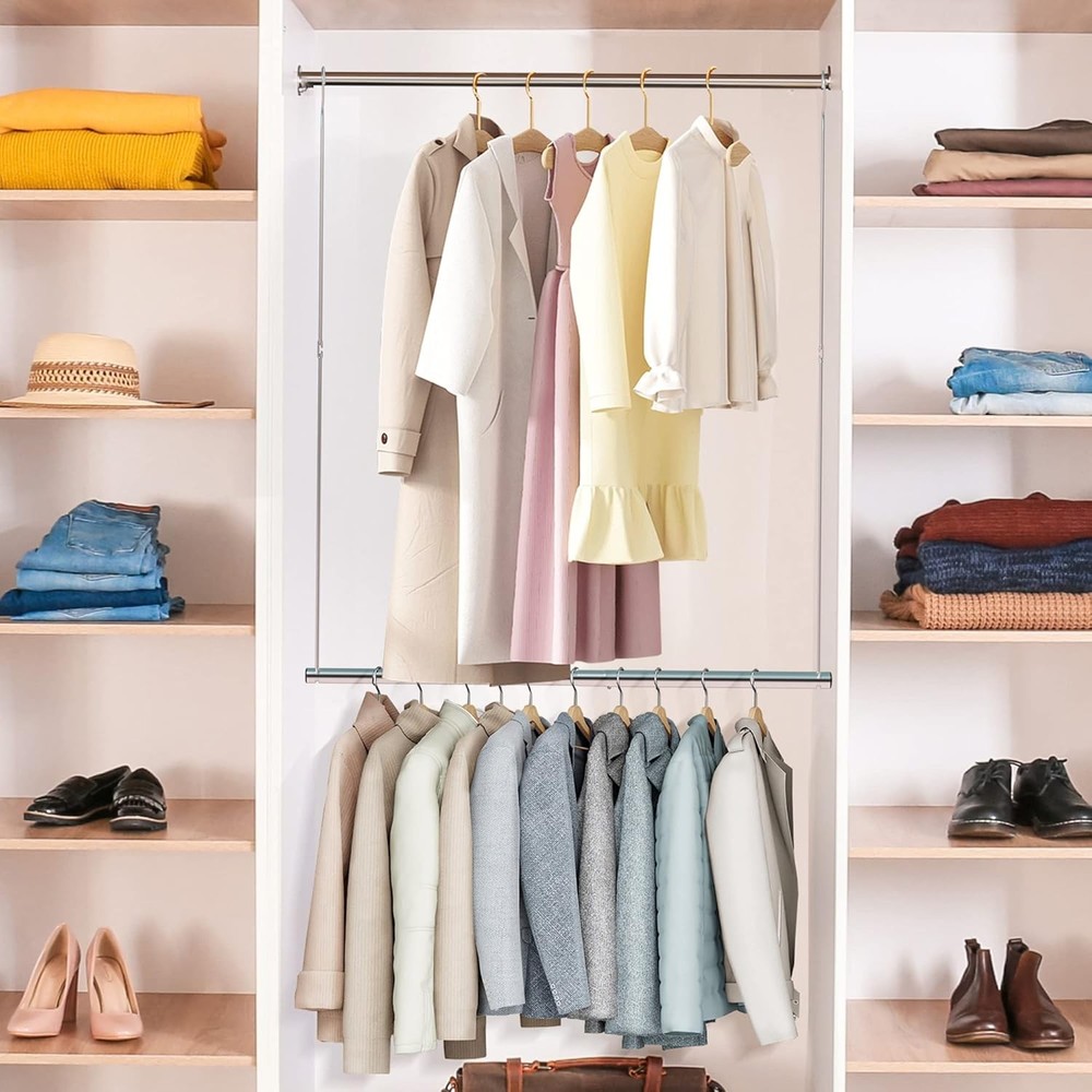 1 Pack Closet Hanging Rod Length & Height Adjustable Closet Rod Space Saving