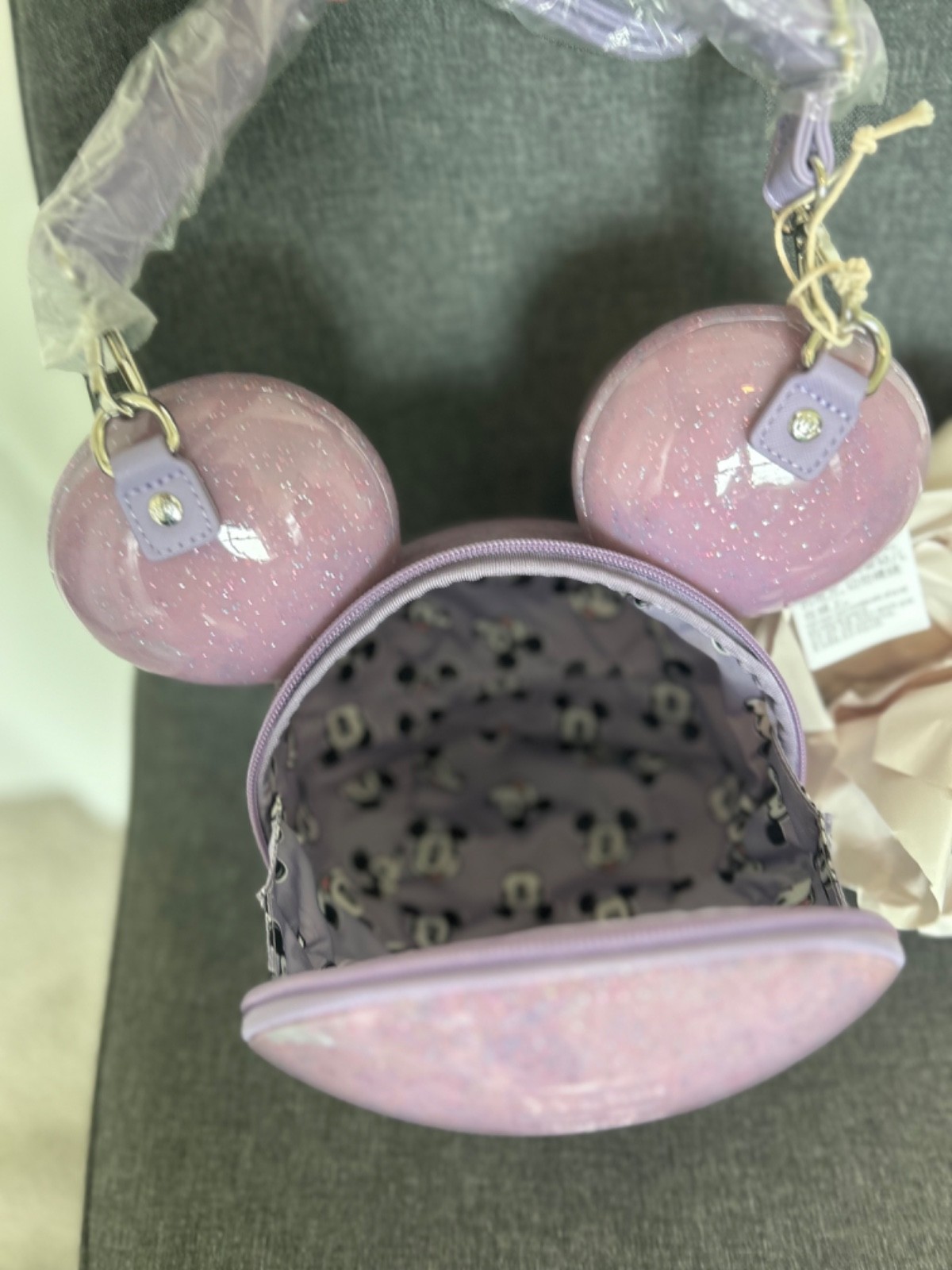 Disney Parks Loungefly Mickey Mouse 3D Head Purple Glitter Crossbody Bag NEW