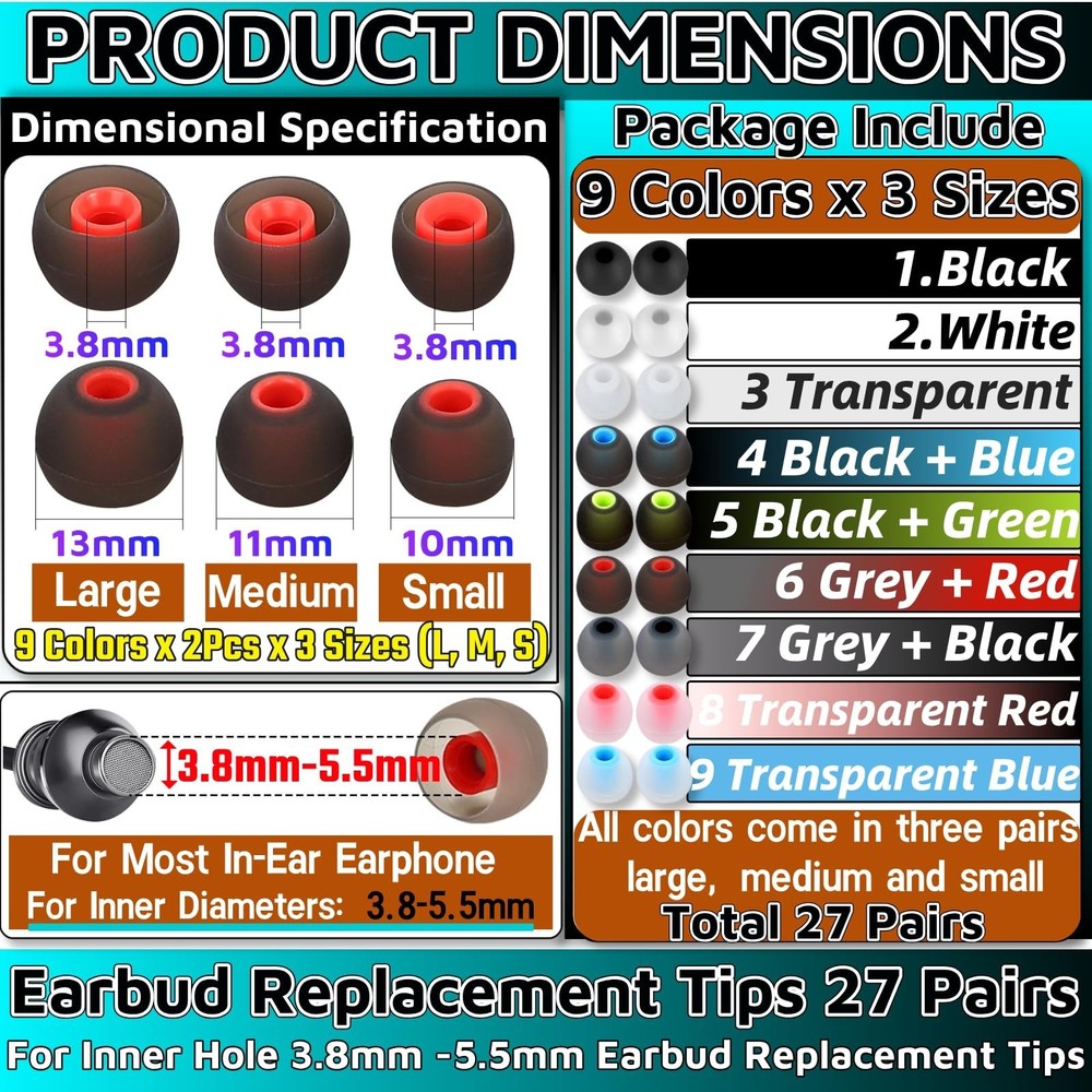 54Pcs Earbud Replacement Tips，Ear Bud Rubber Tips Silicone Earbud Tips Ea