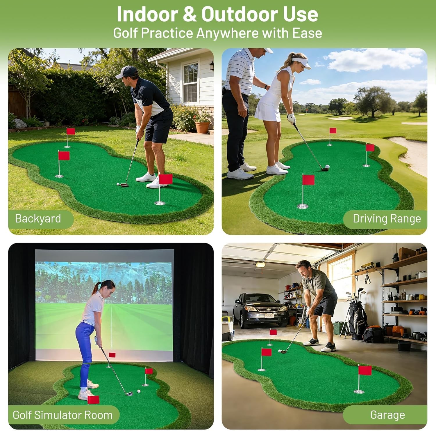 5x10 FT Golf Putting Green Indoor Outdoor, Dual-Turf Mat with 3 Holes & Flags