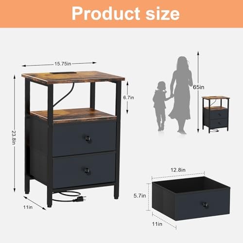 Nightstand with Charging Station, Bedsid End Table with 2 Fabric Drawer for
