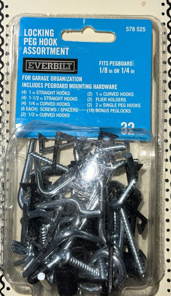Everbilt Locking Peg Hook Assortment 1/8 & 1/4 Pegboard 32 Pcs Mounting Hardware