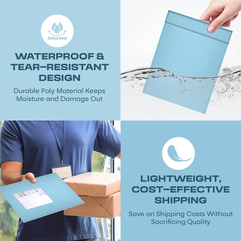 Light Blue Poly Bubble Mailers 8.5x12 inch #2 | Self Seal Padded Envelopes | Cus