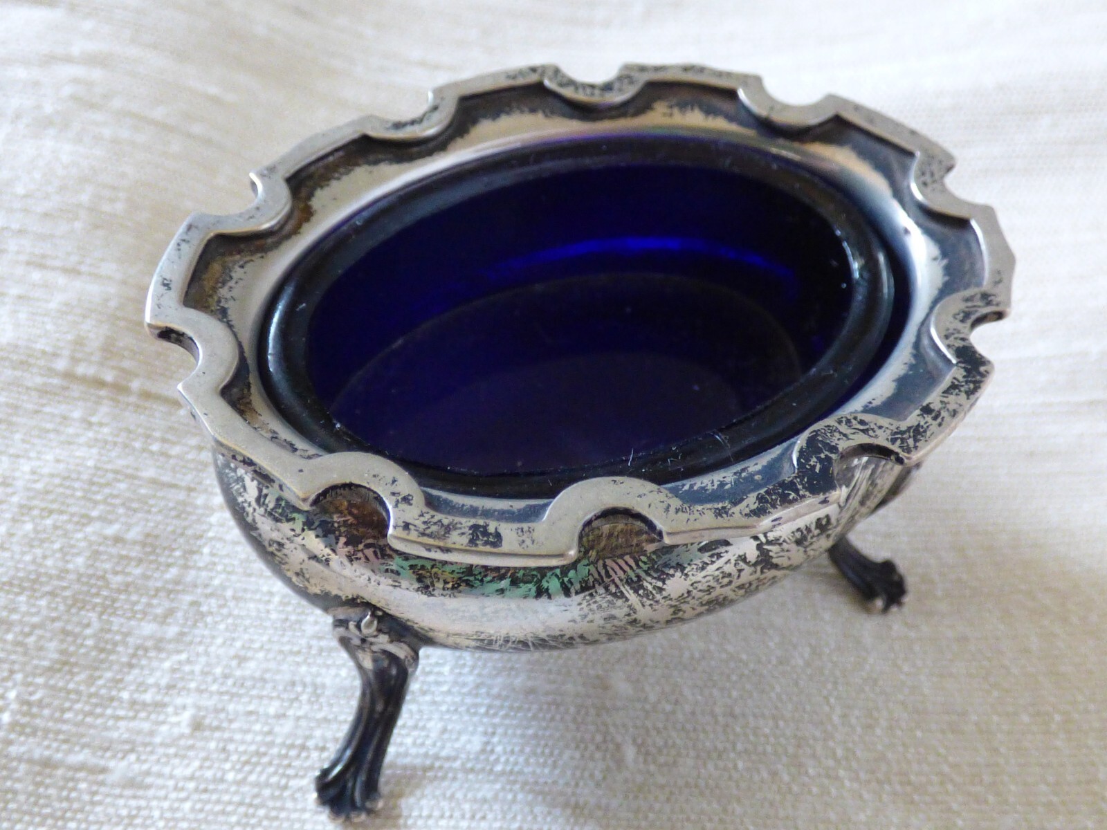 Sterling Silver Salt Cellar With Cobalt Blue Glass Liner & Spoon Webster Company