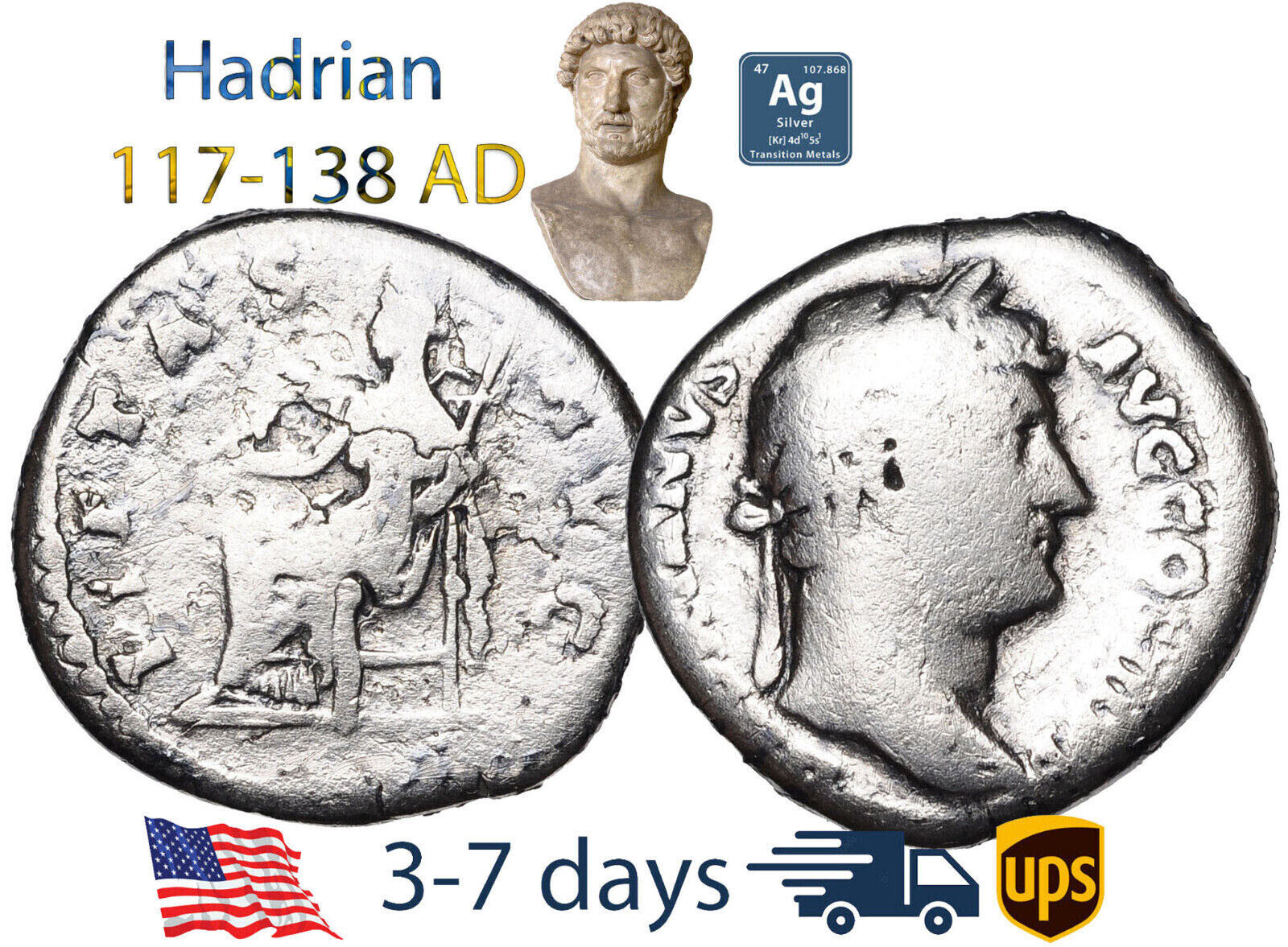 Ancient Roman Empire Coin Silver Denarius Hadrian 117 - 138 AD Authentic #20129