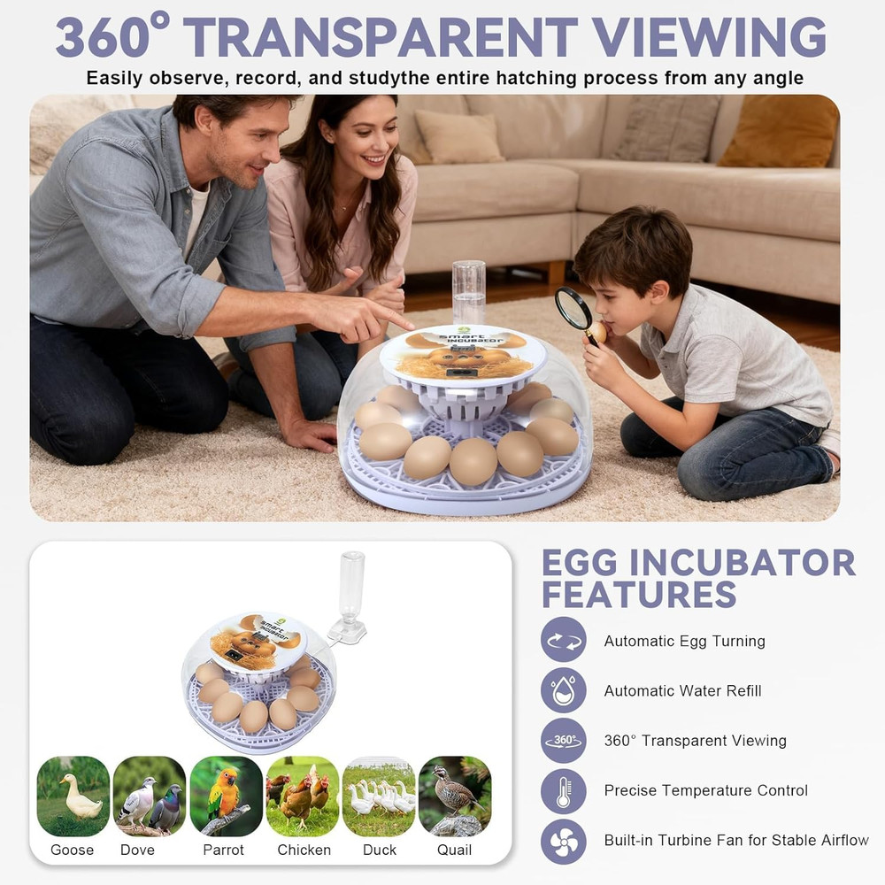 1St Gen - 12 Egg Automatic Incubator, Steady Humidity with Auto-Refill, Stable T