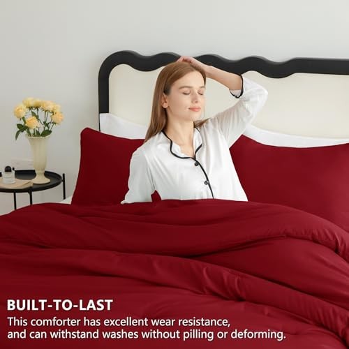 Comforter Set 3 Pieces Solid Comforters Size Breathable Quilted Queen Dark Red