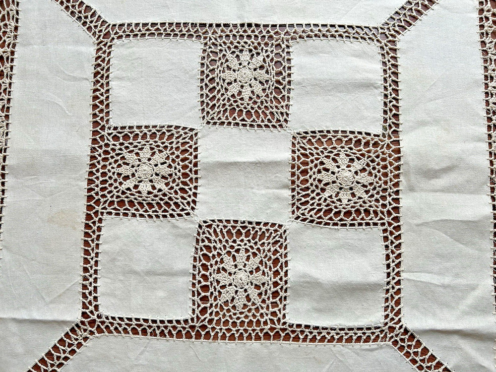 Hand Crocheted Ecru Beige Linen 33" Square Table Topper
