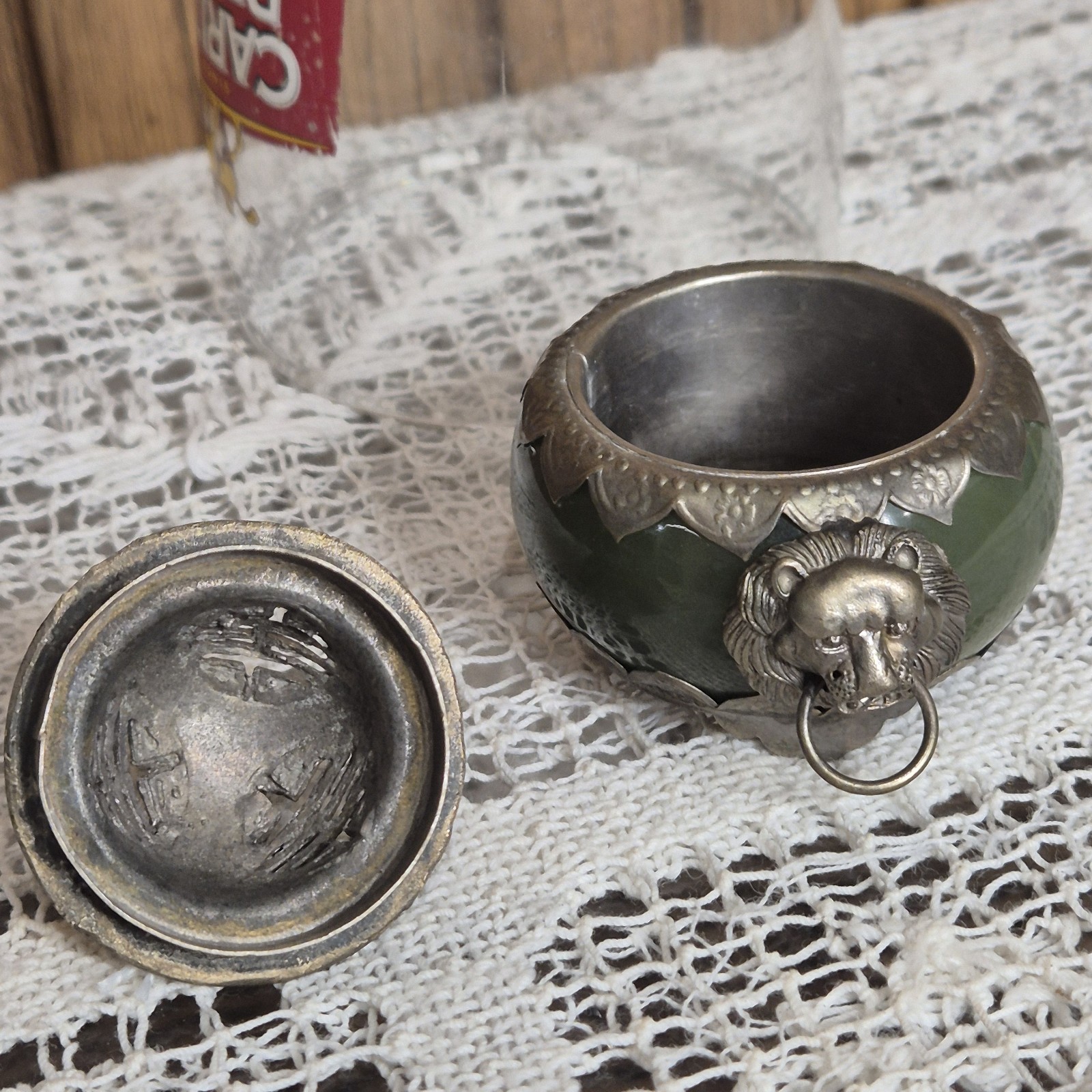 Antique Chinese Nephrite Jade Censer Incense Burner / SILVER HALLMARKS