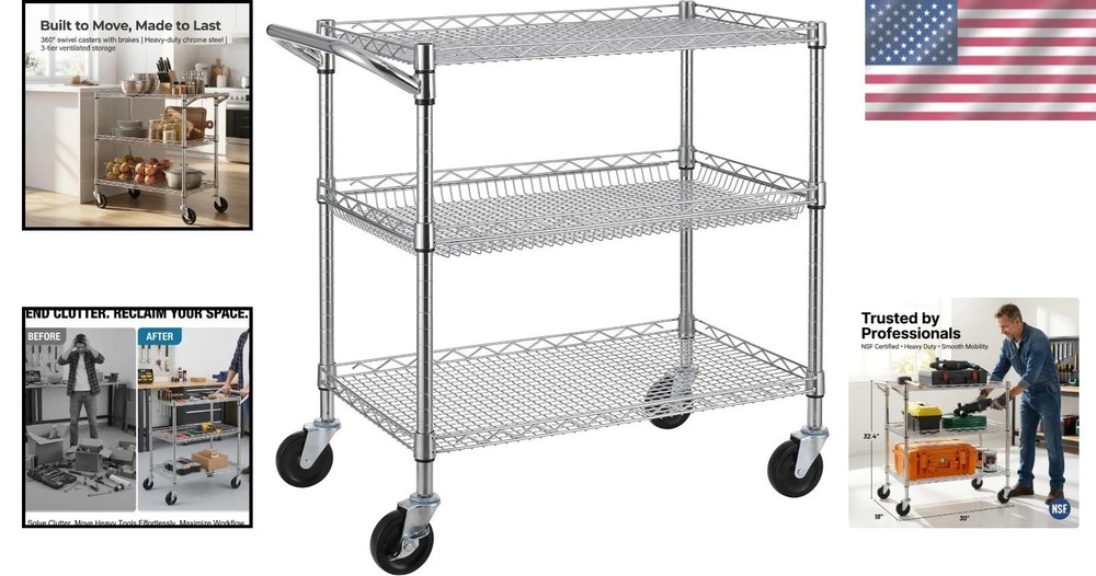 Durable 3 Tier Utility Cart with Push Handle - Ideal for Kitchen & Warehouse Use