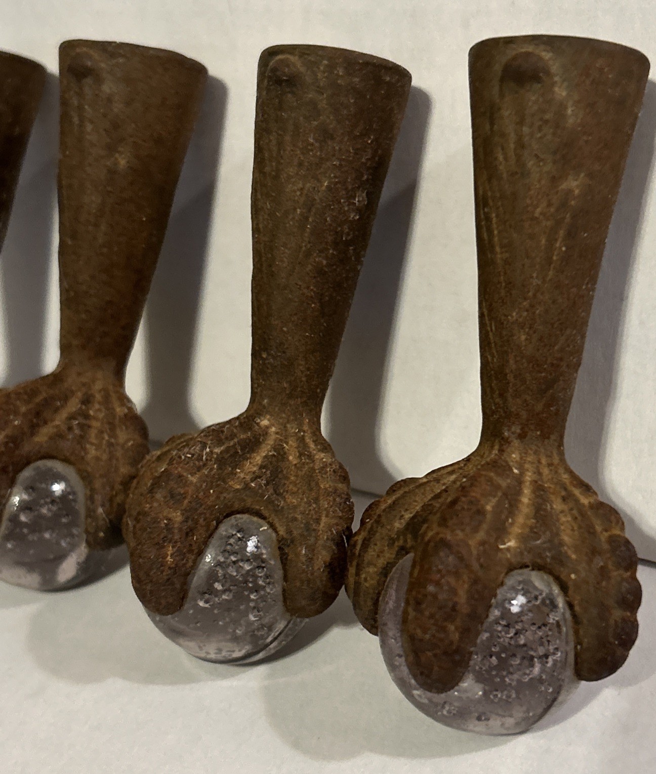 Set of 4 Vintage Art Deco Cast Iron Glass Claws and Ball Furniture Feet Casters